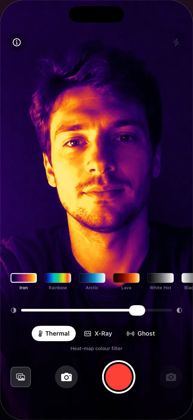 Thermal camera effect on iPhone: a face in the Iron heat-map palette