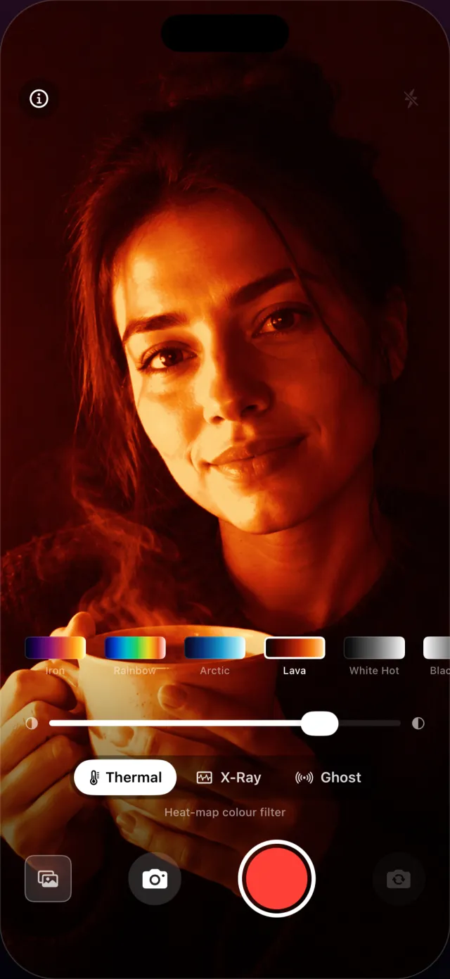 Thermal camera app showing a hot drink in the Lava palette