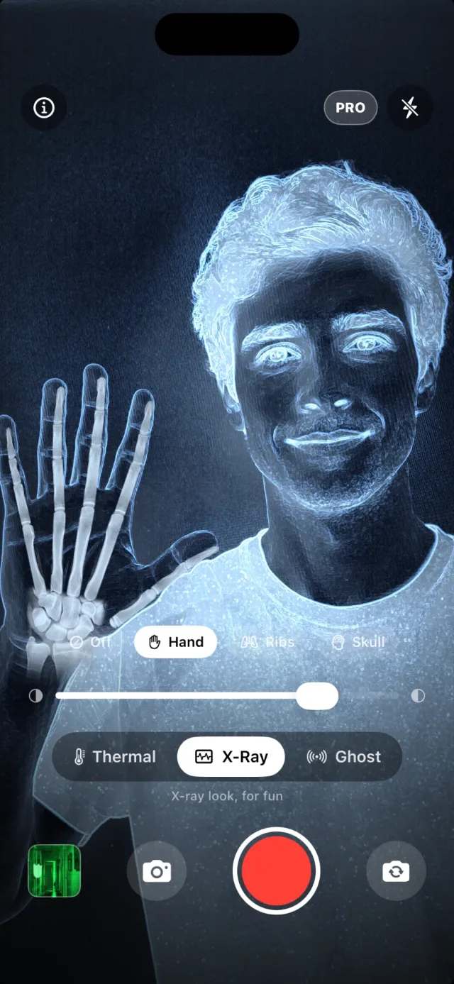 X-ray camera effect: hand bones over a raised hand