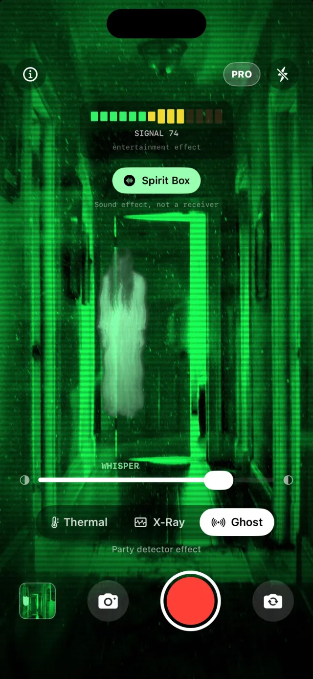 Ghost detector app: a ghost in a hallway, signal meter and spirit box