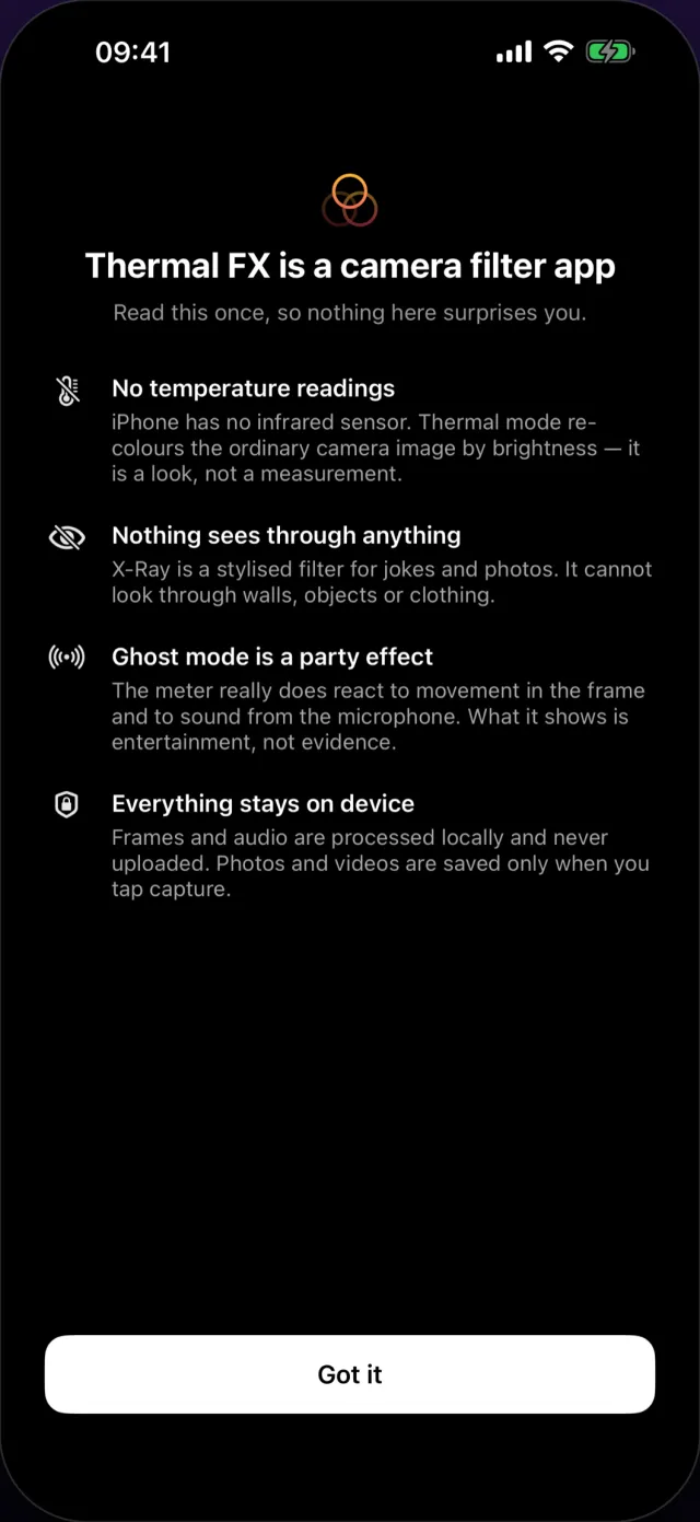 Thermal FX explains up front that it is a camera filter, not a thermometer